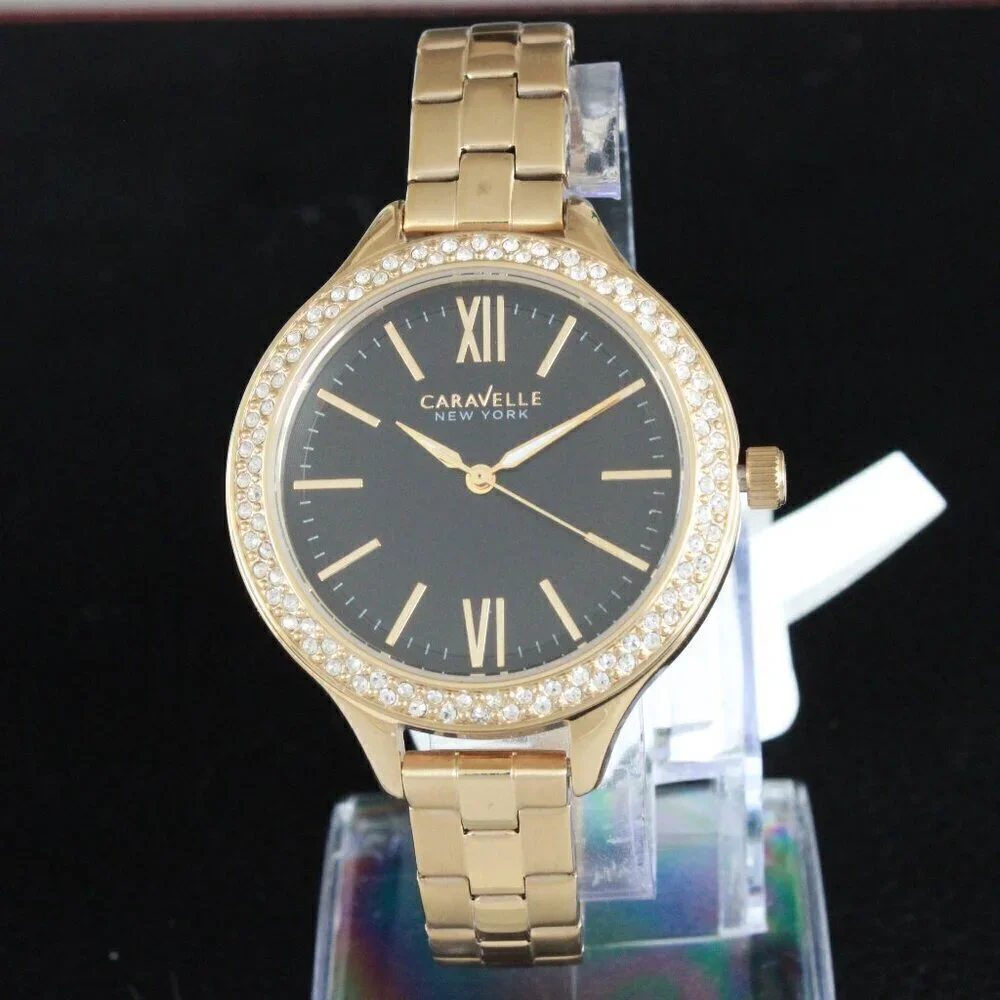 Caravelle New York Ladies Casual Watch Swarovski Crystal Bezel Gold Tone 37mm